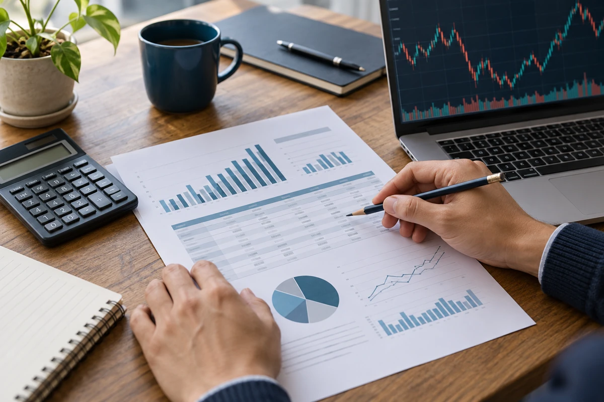 Escena ilustrativa de revisión de reportes y gráficos empresariales